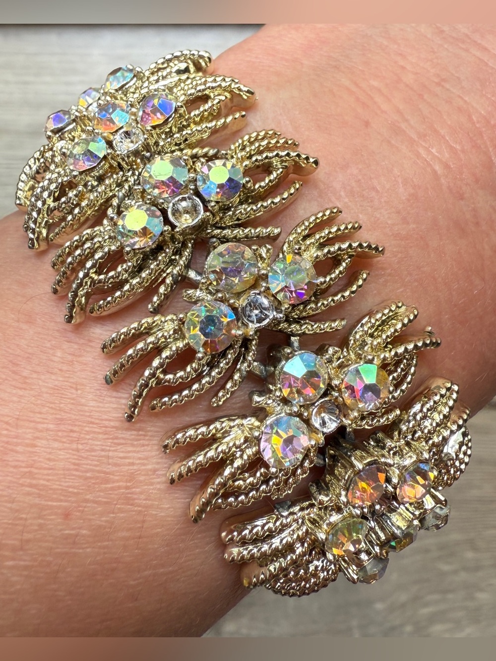 Vintage Coro Aurora Borealis AB Rhinestone Bracelet Gold tone Corocraft Pegasus